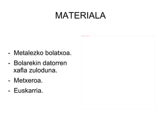 MATERIALA -  Metalezko bolatxoa. -  Bolarekin datorren xafla zuloduna. -  Metxeroa. -  Euskarria. 