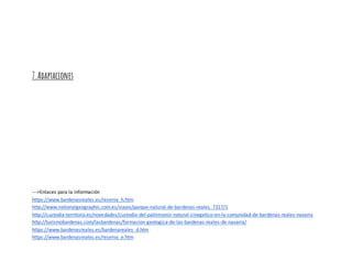 7.Adaptaciones
--->Enlaces para la información
https://www.bardenasreales.es/reserva_h.htm
http://www.nationalgeographic.com.es/viajes/parque-natural-de-bardenas-reales_7317/1
http://custodia-territorio.es/novedades/custodia-del-patrimonio-natural-cinegetico-en-la-comunidad-de-bardenas-reales-navarra
http://turismobardenas.com/lasbardenas/formacion-geologica-de-las-bardenas-reales-de-navarra/
https://www.bardenasreales.es/bardenareales_d.htm
https://www.bardenasreales.es/reserva_e.htm
 