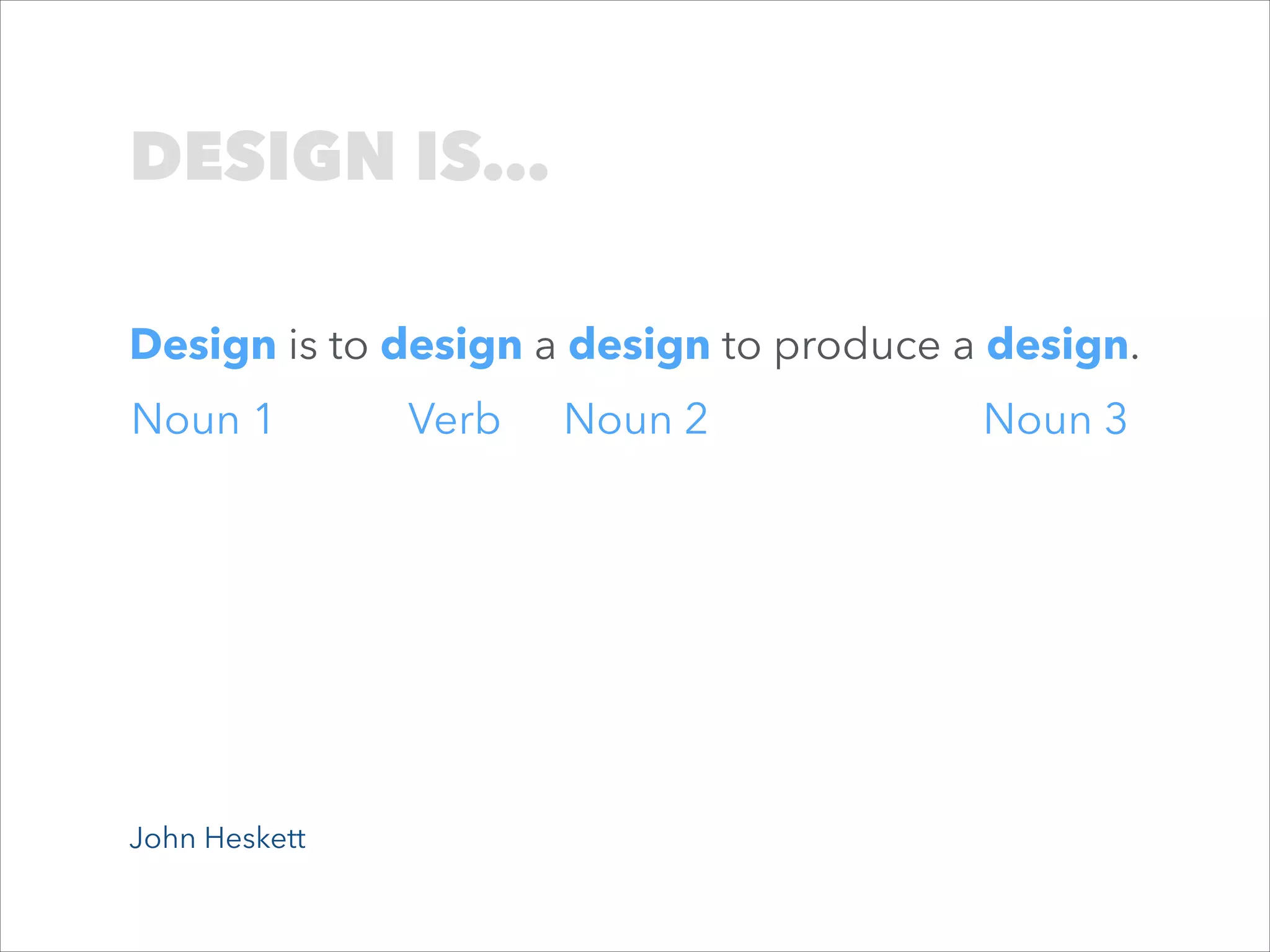 DESIGN IS…
Design is to design a design to produce a design.
Noun 1

John Heskett

Verb

Noun 2

Noun 3

 