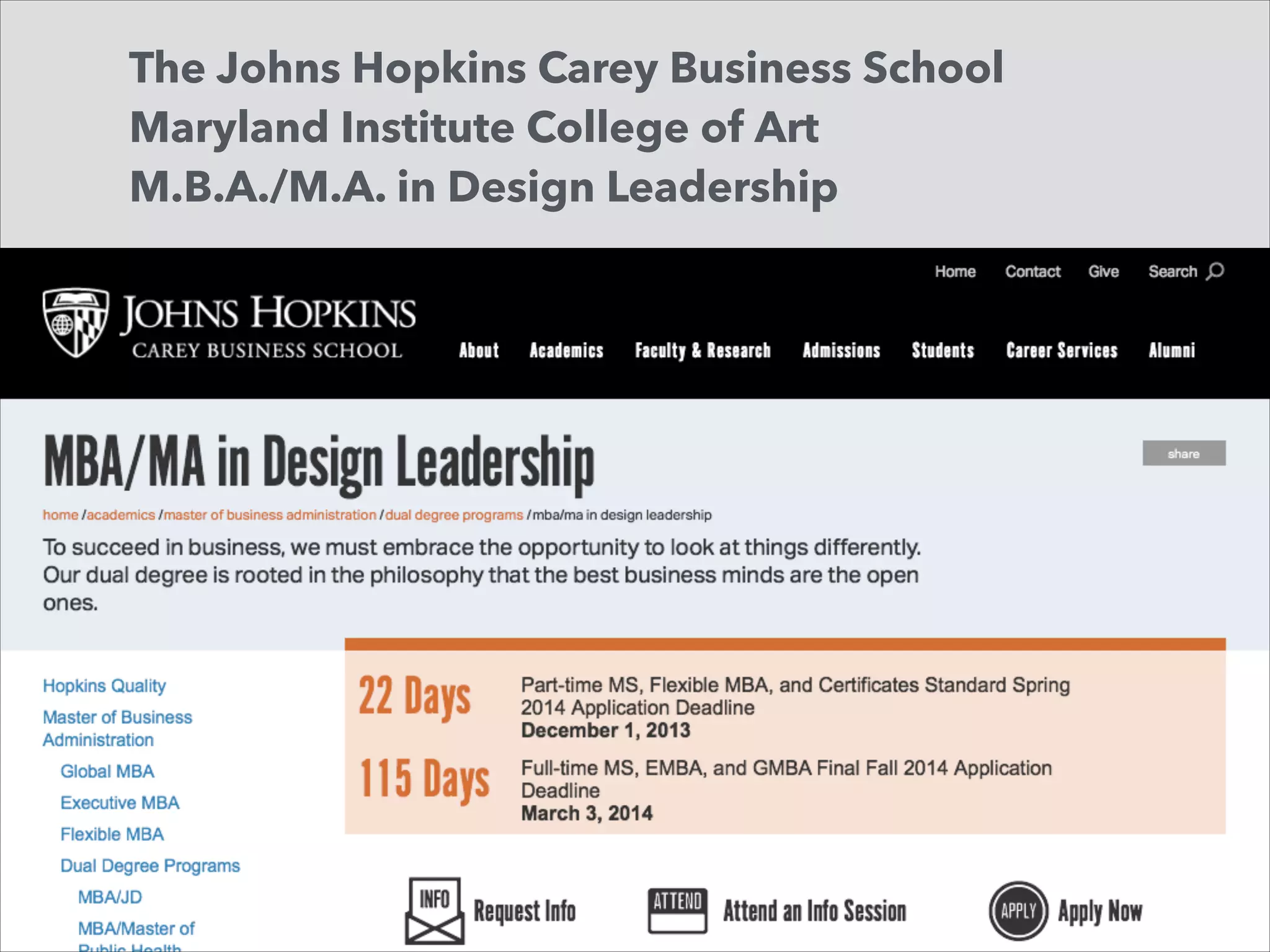The Johns Hopkins Carey Business School
Maryland Institute College of Art
M.B.A./M.A. in Design Leadership

 