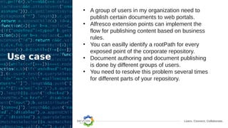 Learn. Connect. Collaborate.
Use case
• A group of users in my organization need to
publish certain documents to web portals.
• Alfresco extension points can implement the
flow for publishing content based on business
rules.
• You can easilly identify a rootPath for every
exposed point of the corporate repository.
• Document authoring and document publishing
is done by different groups of users.
• You need to resolve this problem several times
for different parts of your repository.
 