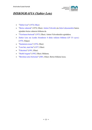 Antzinako Euskal Kantak                                             HUMANITATE ETA
                                                                HEZKUNTZA ZIENTZIEN
                                                                       FAKULTATEA




DISKOGRAFIA (Xabier Lete)


   •   "Xabier Lete" (1974, Elkar)
   •   "Bertso zaharrak" (1974, Elkar). Antton Valverde eta Julen Lekuonarekin batera
       egindako bertso zaharren bilduma da.
   •   "Txirritaren bertsoak" (1975, Elkar). Antton Valverderekin egindakoa.
   •   Xabier Lete eta Lurdes Iriondoren 4 disko txikiren bilduma (LP 33 r.p.m.)
       (1976, Edigsa)
   •   "Kantatzera noazu" (1976, Elkar)
   •   "Lore bat, zauri bat" (1977, Elkar)
   •   "Eskeintza" (1991, Elkar)
   •   "Hurbil iragana" (1992, Elkar). Bilduma.
   •   "Berrehun urtez bertsotan" (2001, Elkar). Bertso bilduma luzea.




                                        ~    21   ~
 