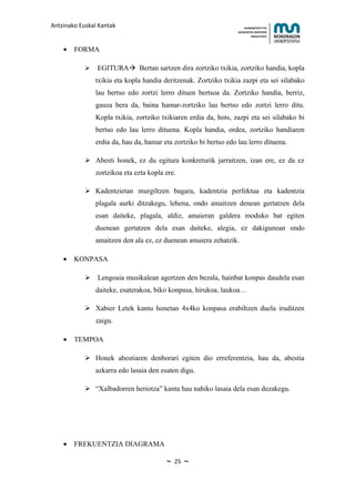 Antzinako Euskal Kantak                                                HUMANITATE ETA
                                                                   HEZKUNTZA ZIENTZIEN
                                                                          FAKULTATEA



    •   FORMA

               EGITURA Bertan sartzen dira zortziko txikia, zortziko handia, kopla
                txikia eta kopla handia deritzenak. Zortziko txikia zazpi eta sei silabako
                lau bertso edo zortzi lerro dituen bertsoa da. Zortziko handia, berriz,
                gauza bera da, baina hamar-zortziko lau bertso edo zortzi lerro ditu.
                Kopla txikia, zortziko txikiaren erdia da, hots, zazpi eta sei silabako bi
                bertso edo lau lerro dituena. Kopla handia, ordea, zortziko handiaren
                erdia da, hau da, hamar eta zortziko bi bertso edo lau lerro dituena.

             Abesti honek, ez du egitura konkreturik jarraitzen, izan ere, ez da ez
                zortzikoa eta ezta kopla ere.

             Kadentzietan murgiltzen bagara, kadentzia perfektua eta kadentzia
                plagala aurki ditzakegu, lehena, ondo amaitzen denean gertatzen dela
                esan daiteke, plagala, aldiz, amaieran galdera moduko bat egiten
                duenean gertatzen dela esan daiteke, alegia, ez dakigunean ondo
                amaitzen den ala ez, ez duenean amaiera zehatzik.

    •   KONPASA

             Lengoaia musikalean agertzen den bezala, hainbat konpas daudela esan
                daiteke, esaterakoa, biko konpasa, hirukoa, laukoa…

             Xabier Letek kantu honetan 4x4ko konpasa erabiltzen duela iruditzen
                zaigu.

    •   TEMPOA

             Honek abestiaren denborari egiten dio erreferentzia, hau da, abestia
                azkarra edo lasaia den esaten digu.

             “Xalbadorren heriotza” kanta hau nahiko lasaia dela esan dezakegu.




    •   FREKUENTZIA DIAGRAMA

                                         ~   25   ~
 