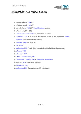 Antzinako Euskal Kantak                                             HUMANITATE ETA
                                                                HEZKUNTZA ZIENTZIEN
                                                                       FAKULTATEA




DISKOGRAFIA (Mikel Laboa)


   1. Lau herri kanta, 1964 (EP)
   2. Ursuako kantak, 1966 (EP)
   3. Bertolt Brecht, 1969 (EP. Bertolt Brechten letrekin)
   4. Haika mutil, 1969 (EP)
   5. Euskal kanta berria, 1972 (LP. Aurrekoen bilduma)
   6. Bat-Hiru, 1974. (LP bikoitza. Bi izeneko diskoa ez zen argitaratu, Bertolt
       Brechten letrak zentsuratu zituztelako)
   7. Lau-bost, 1980 (LP bikoitza).
   8. Sei, 1985.
   9. Lekeitioak, 1988 (7.etik 11.era bitarteko Lekeitioak disko argitaragabeak)
   10. Hamabi, 1989
   11. Hamalau, 1994
   12. Mikel Laboa zuzenean, 1997
   13. Zuzenean II - Gernika, 2000 (Donostiako Orfeoiarekin).
   14. 60ak+2, 2003 (lehen obren bilduma).
   15. Xoriek - 17, 2005.
   16. Lekeitioak, 2007 (berrargitalpena, CD bikoitzean).




                                        ~   8   ~
 