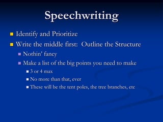 Speechwriting
   Identify and Prioritize
   Write the middle first: Outline the Structure
     Nothin’ fancy
     Make...