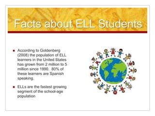 Facts about ELL Students
 According to Goldenberg
(2008) the population of ELL
learners in the United States
has grown from 2 million to 5
million since 1990. 80% of
these learners are Spanish
speaking.
 ELLs are the fastest growing
segment of the school-age
population
 