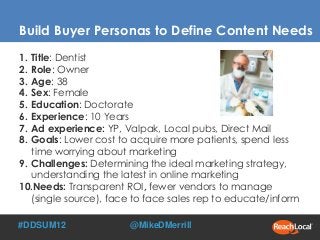 Build Buyer Personas to Define Content Needs
1. Title: Dentist
2. Role: Owner
3. Age: 38
4. Sex: Female
5. Education: Doct...