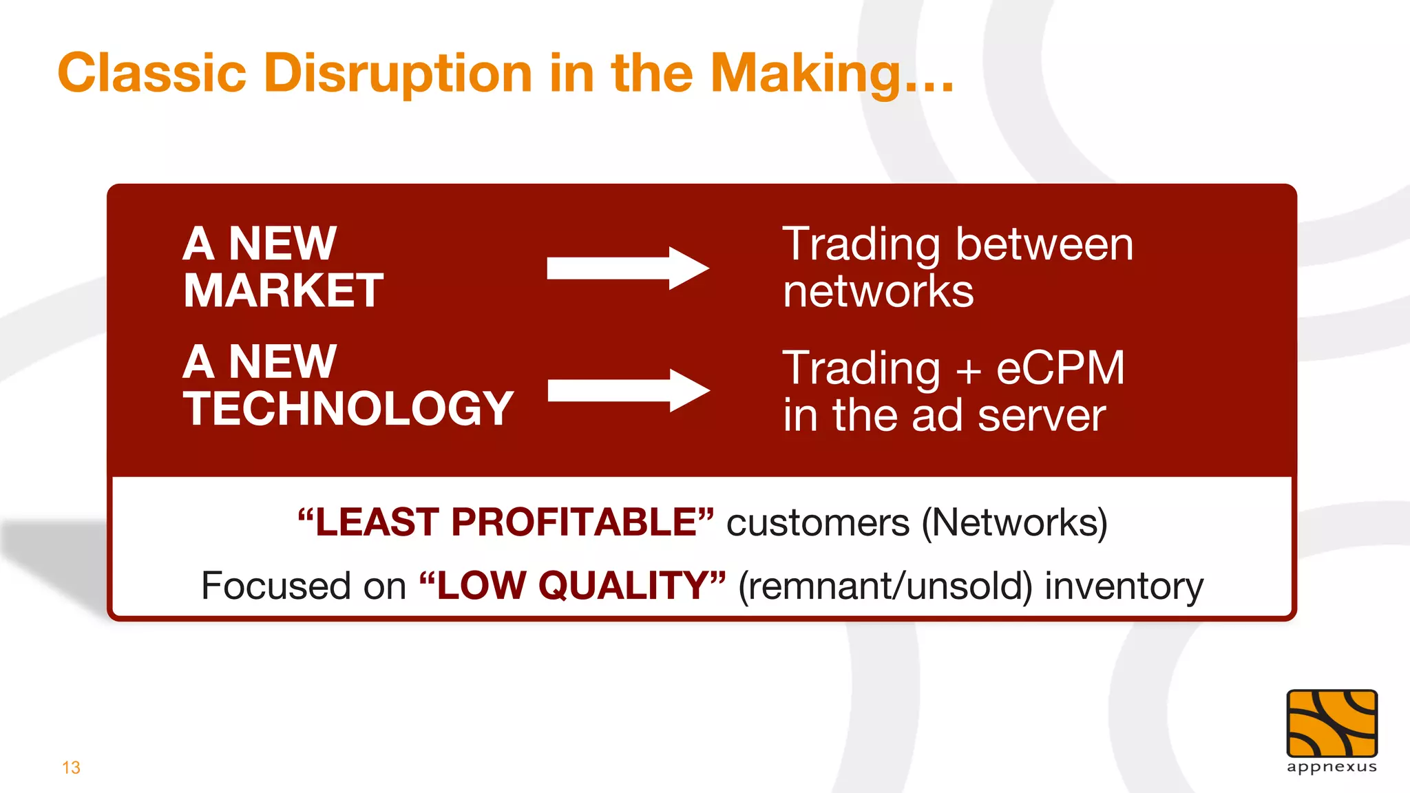 Classic Disruption in the Making…


     A NEW "                      Trading between "
     MARKET 
                     networks
     A NEW "                      Trading + eCPM"
     TECHNOLOGY 
                 in the ad server

         “LEAST PROFITABLE” customers (Networks)
     Focused on “LOW QUALITY” (remnant/unsold) inventory



13
 