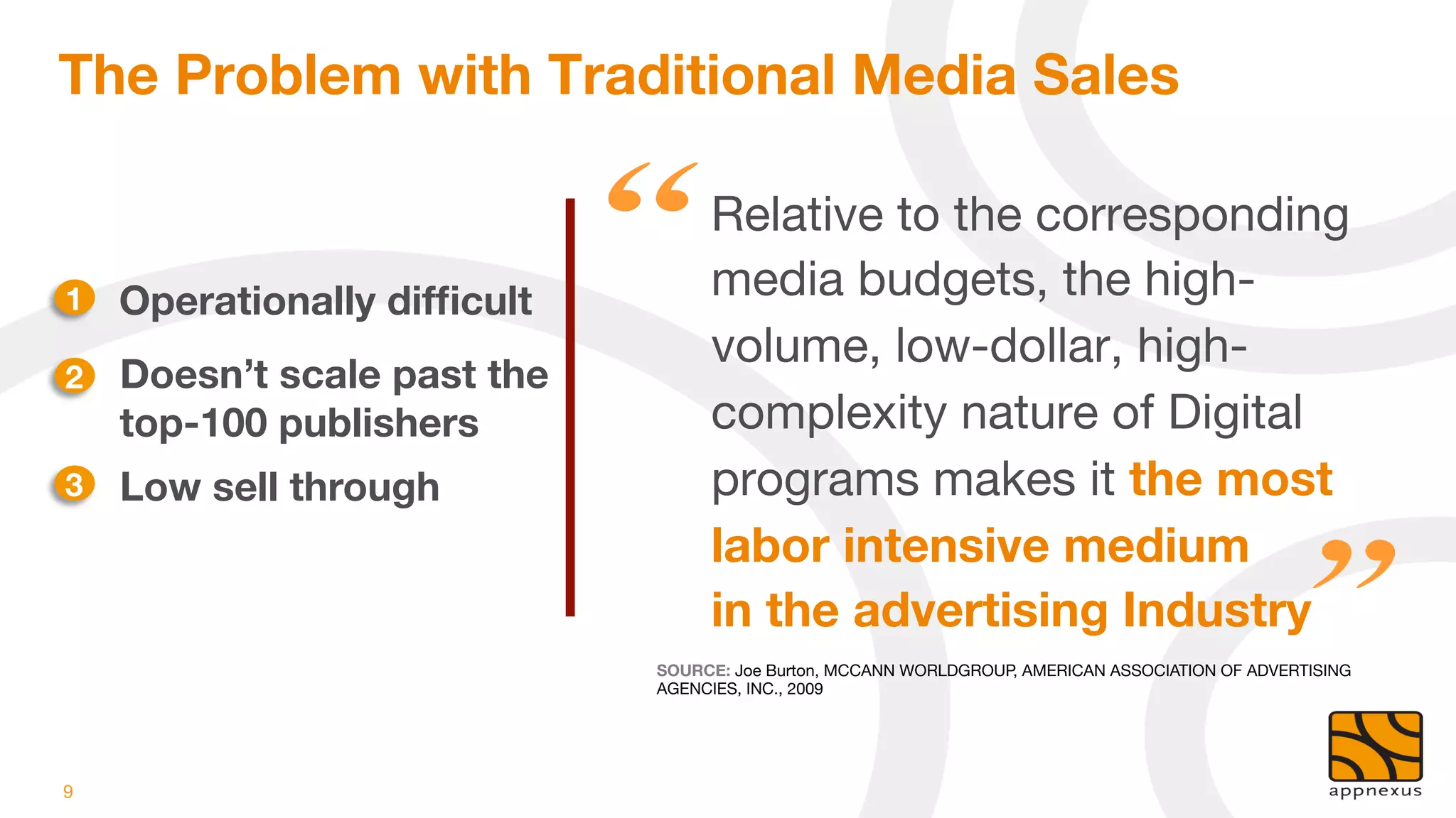The Problem with Traditional Media Sales

                                    Relative to the corresponding
1
   Operationally difﬁcult
        media budgets, the high-
                                    volume, low-dollar, high-
2
   Doesn’t scale past the
     top-100 publishers
            complexity nature of Digital
3
   Low sell through
              programs makes it the most
                                    labor intensive medium "
                                    in the advertising Industry
                               SOURCE: Joe Burton, MCCANN WORLDGROUP, AMERICAN ASSOCIATION OF ADVERTISING
                               AGENCIES, INC., 2009




9
 