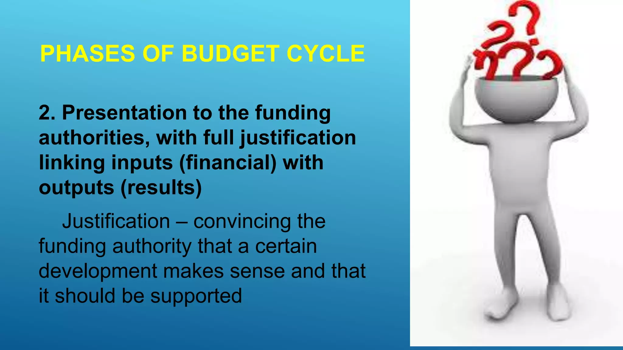 PHASES OF BUDGET CYCLE
2. Presentation to the funding
authorities, with full justification
linking inputs (financial) with
outputs (results)
Justification – convincing the
funding authority that a certain
development makes sense and that
it should be supported
 