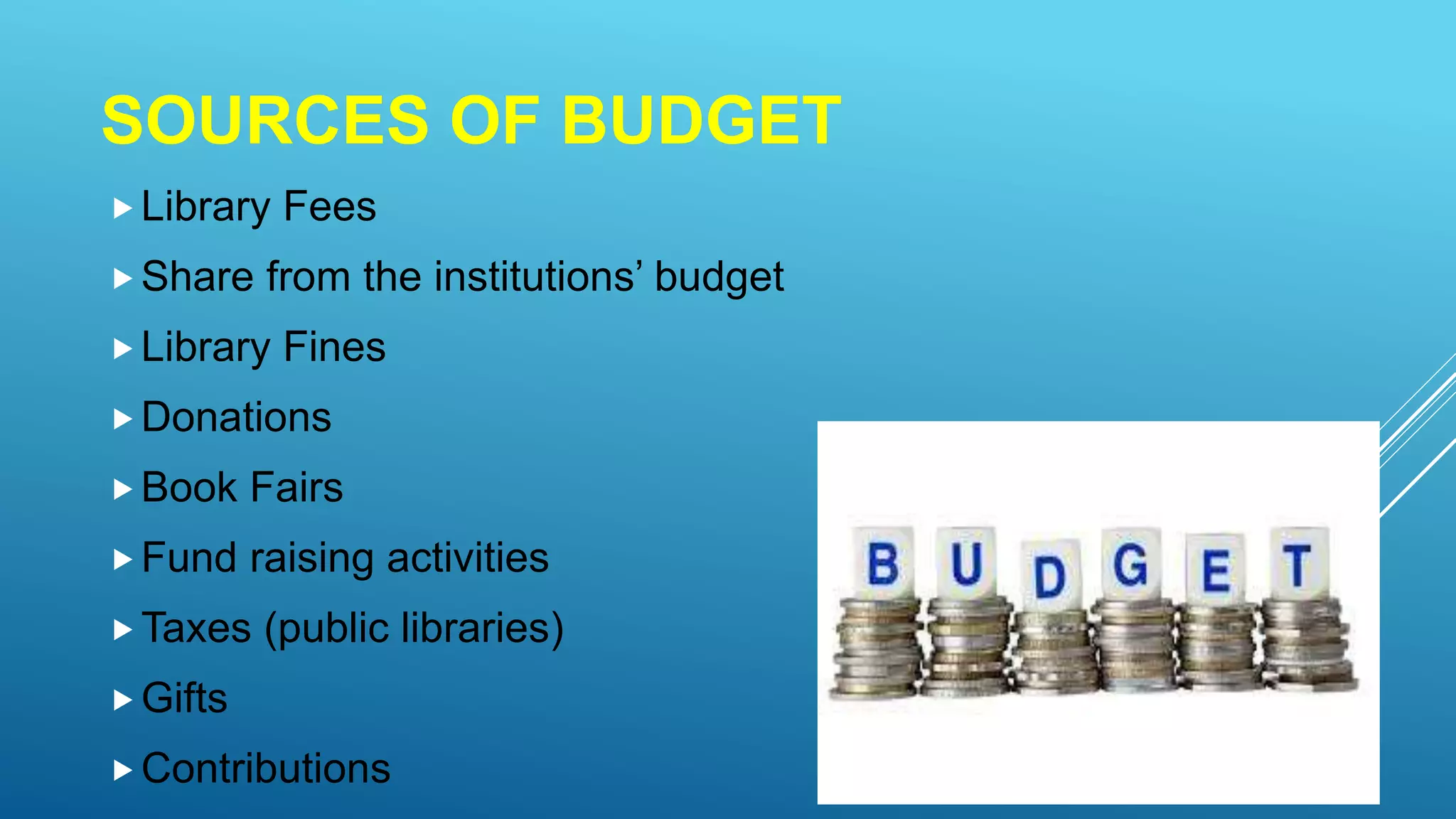 SOURCES OF BUDGET
Library Fees
Share from the institutions’ budget
Library Fines
Donations
Book Fairs
Fund raising activities
Taxes (public libraries)
Gifts
Contributions
 