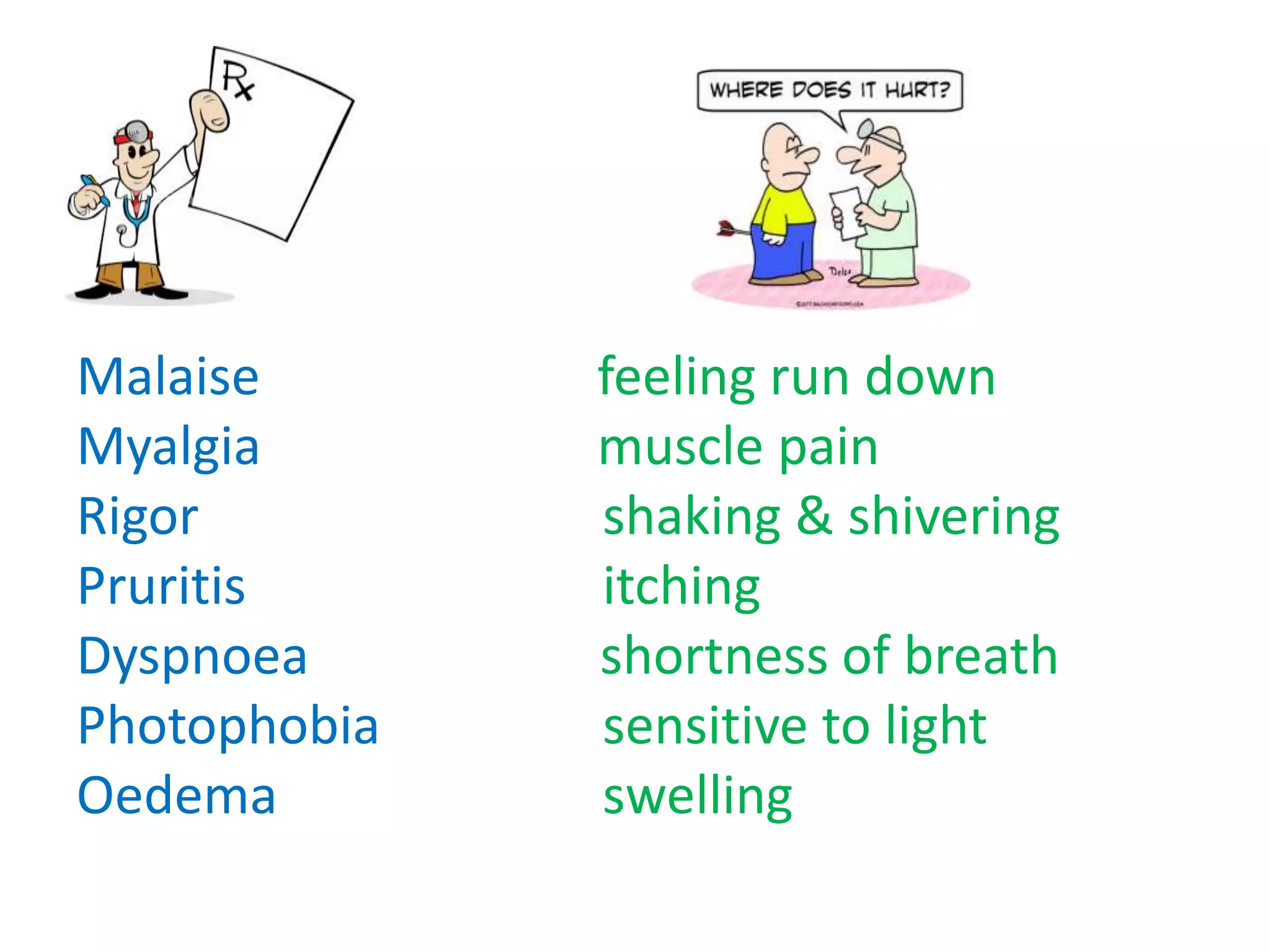 Malaise       feeling run down
Myalgia       muscle pain
Rigor         shaking & shivering
Pruritis      itching
Dyspnoea      shortness of breath
Photophobia   sensitive to light
Oedema        swelling
 