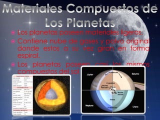  Los planetas poseen materiales ligeros.
 Contiene nube de gases y polvo original
donde estos a su vez giran en forma
espiral.
 Los planetas poseen casi los mismos
compuestos del sol
 