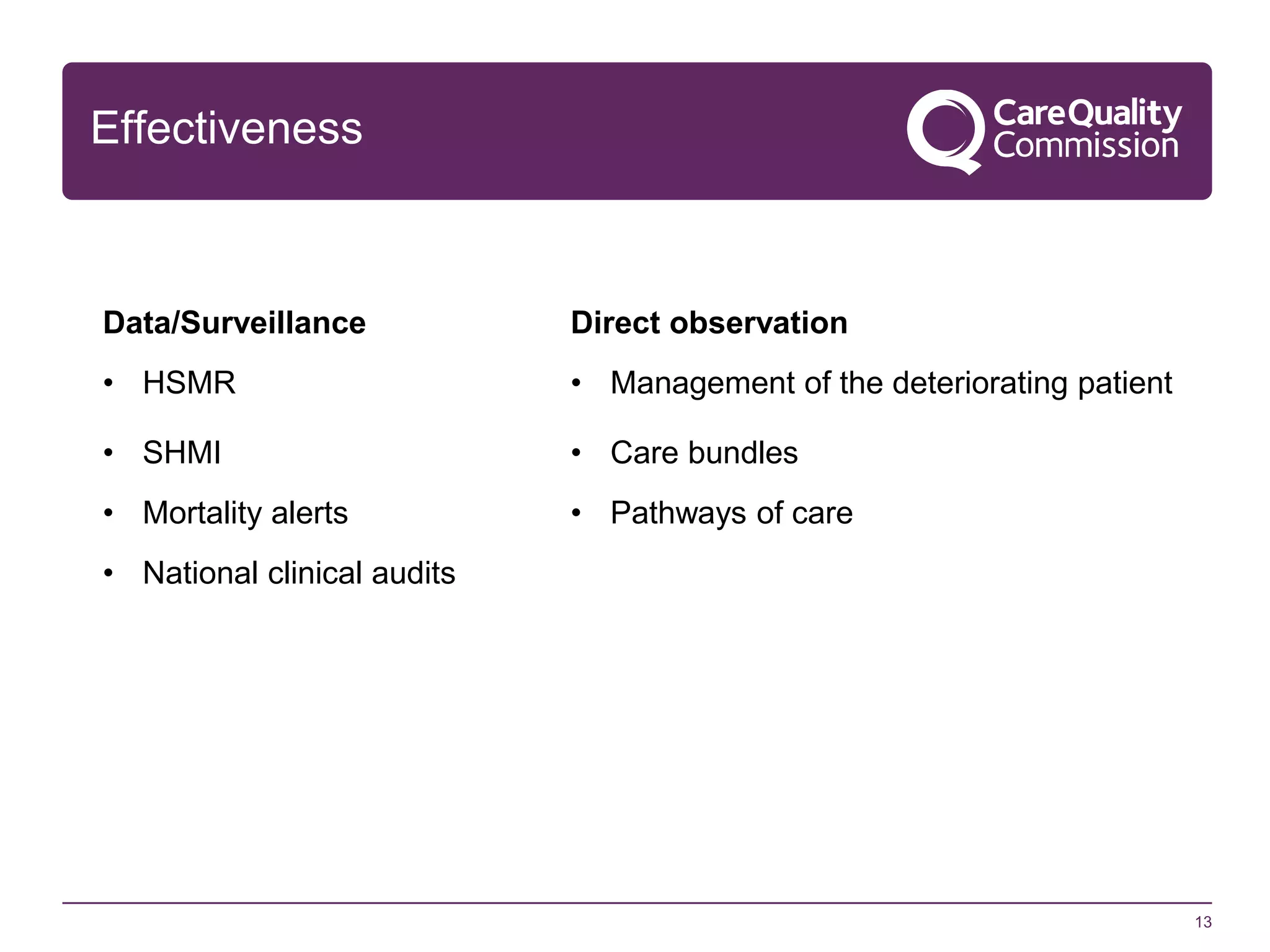 Effectiveness

Data/Surveillance

Direct observation

• HSMR

• Management of the deteriorating patient

• SHMI

• Care bundles

• Mortality alerts

• Pathways of care

• National clinical audits

13

 