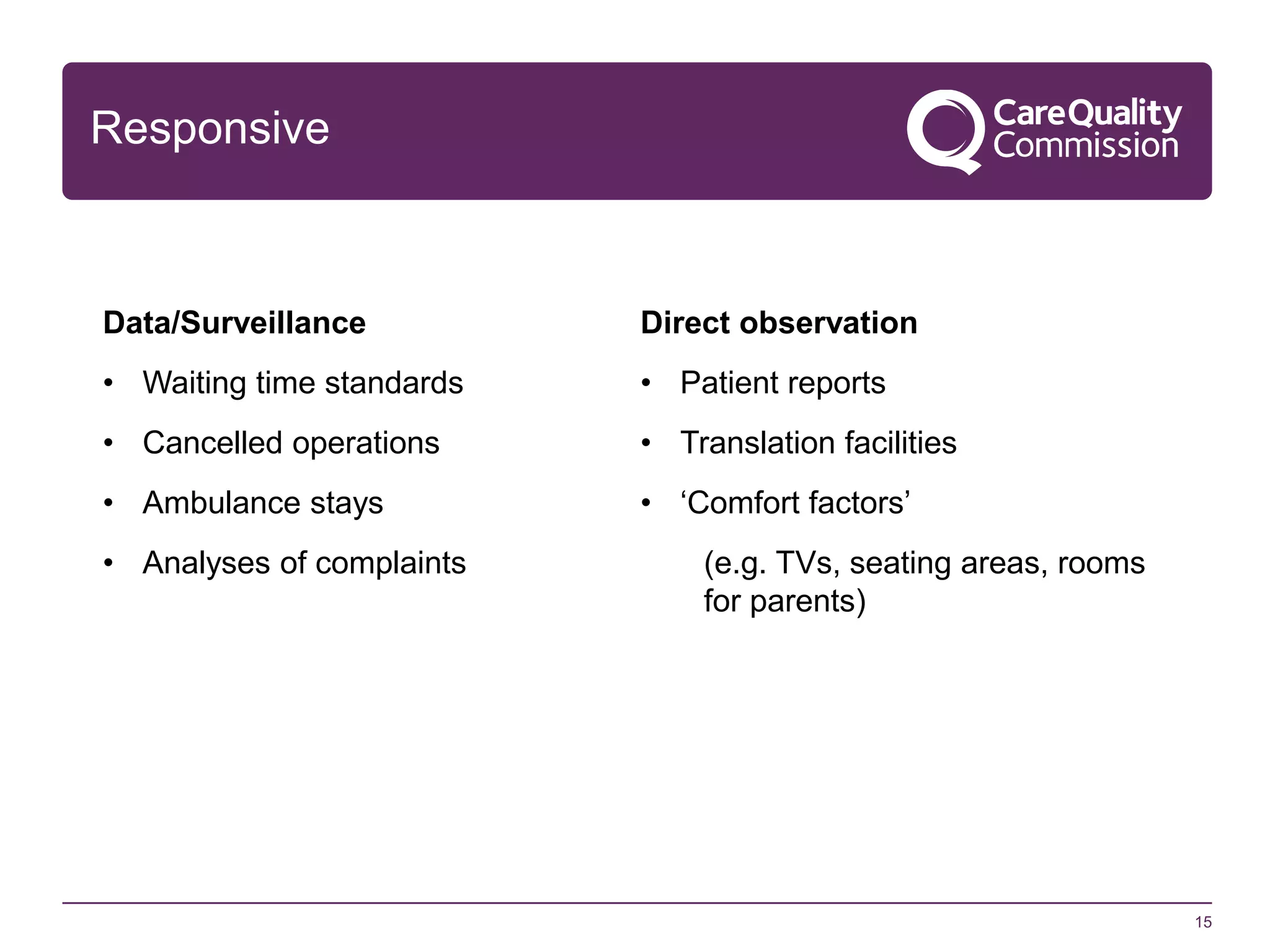 Responsive

Data/Surveillance

Direct observation

• Waiting time standards

• Patient reports

• Cancelled operations

• Translation facilities

• Ambulance stays

• ‘Comfort factors’

• Analyses of complaints

(e.g. TVs, seating areas, rooms
for parents)

15

 