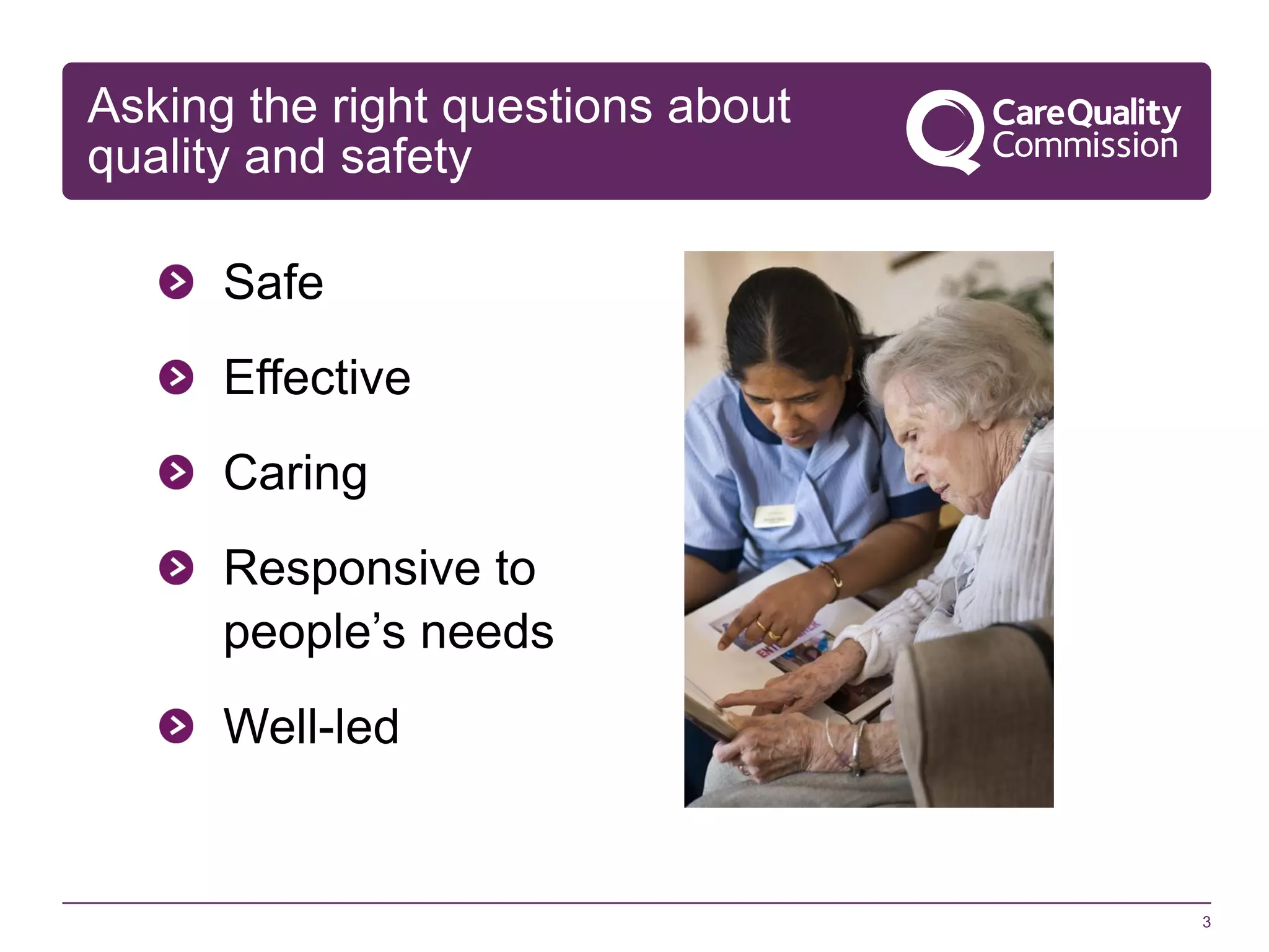 Asking the right questions about
quality and safety
Safe
Effective
Caring
Responsive to
people’s needs
Well-led

3

 