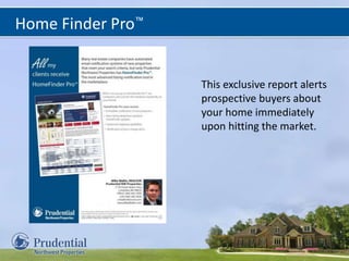 Home Finder Pro™
This exclusive report alerts
prospective buyers about
your home immediately
upon hitting the market.
 