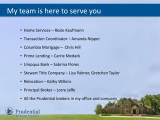 My team is here to serve you
• Home Services – Rosie Kaufmann
• Transaction Coordinator – Amanda Nipper
• Columbia Mortgage – Chris Hill
• Prime Lending – Carrie Medack
• Umpqua Bank – Sabrina Flores
• Stewart Title Company – Lisa Palmer, Gretchen Taylor
• Relocation – Kathy Wilkins
• Principal Broker – Lorre Jaffe
• All the Prudential brokers in my office and company
 