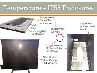 Shiny Stainless
Steel Grade
304 Material
Inside wall
painted Matt
black
Top Sun
Shield
enclosing the
Transformer
Large Vents at
Bottom of the
enclosure
Large Vents at
Top of the
enclosure
To allow for
Air Flow
32
 