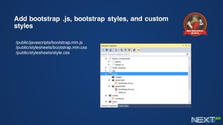 Add bootstrap .js, bootstrap styles, and custom
styles
/public/javascripts/bootstrap.min.js
/public/stylesheets/bootstrap.min.css
/public/stylesheets/style.css
 