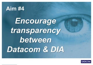 Aim #4
Encourage
transparency
between
Datacom & DIA
 