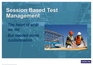 •  The heart of what
we did.
•  But needed some
customisation
Session Based Test
Management
 