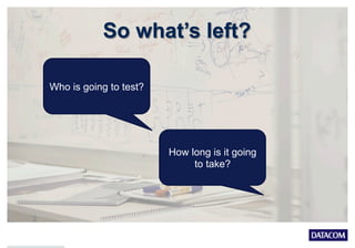 So what’s left?
Who is going to test?
How long is it going
to take?
 