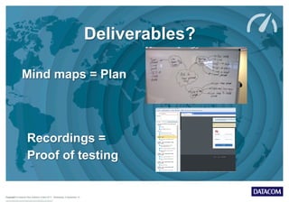 Copyright © Datacom New Zealand Limited 2013 Wednesday, 9 September 15
Deliverables?
Mind maps = Plan
Recordings =
Proof of testing
 