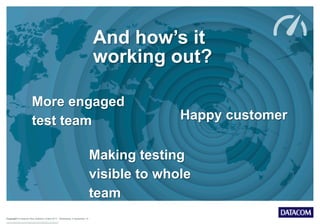 Copyright © Datacom New Zealand Limited 2013 Wednesday, 9 September 15
And how’s it
working out?
More engaged
test team Happy customer
Making testing
visible to whole
team
 