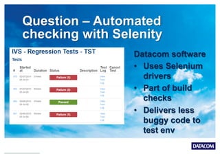 Question – Automated
checking with Selenity
Datacom software
•  Uses Selenium
drivers
•  Part of build
checks
•  Delivers less
buggy code to
test env
 