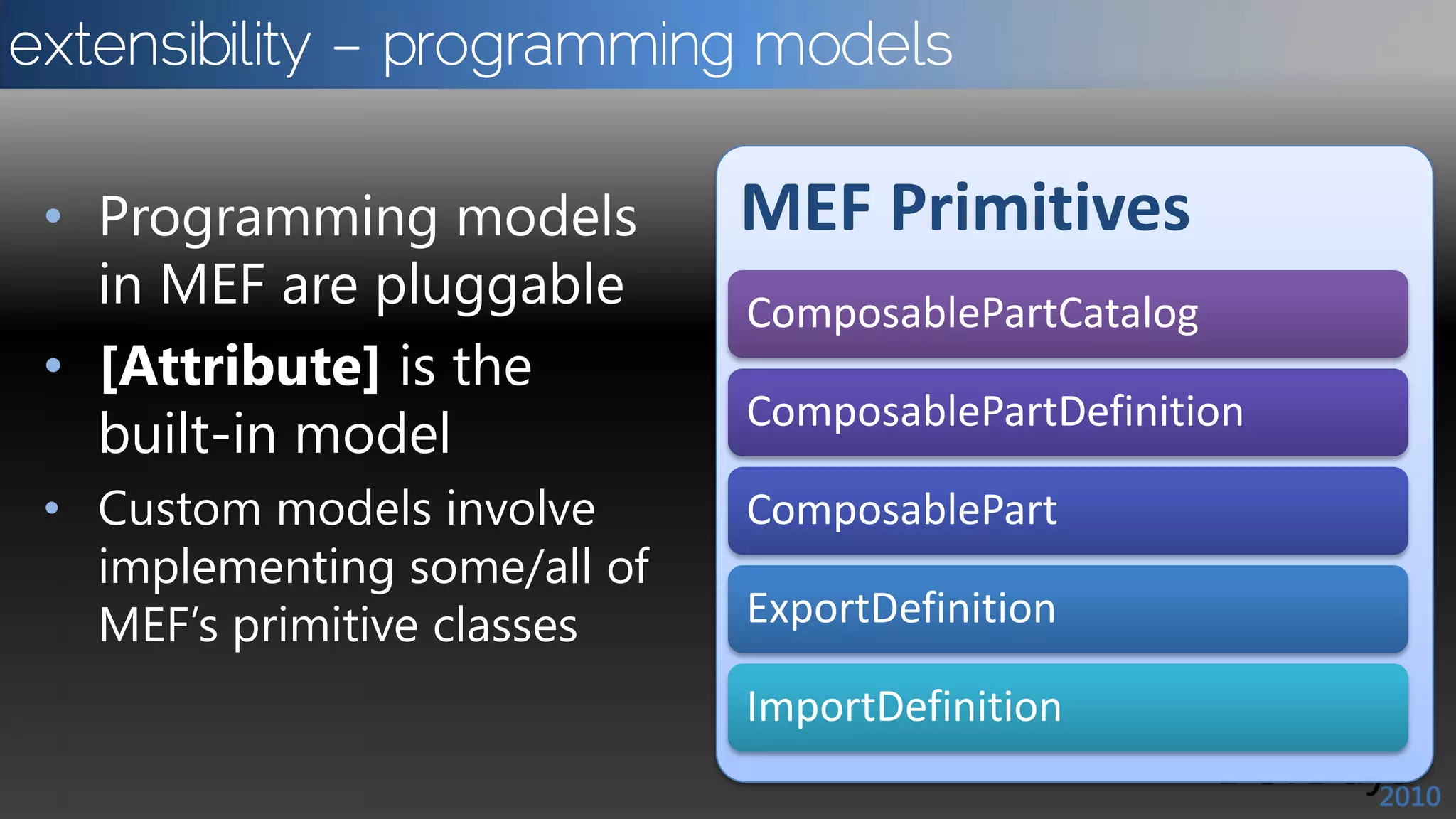 extensibility – programming models

 • Programming models         MEF Primitives
   in MEF are pluggable       ComposablePartCatalog
 • [Attribute] is the
                              ComposablePartDefinition
   built-in model
 • Custom models involve      ComposablePart
   implementing some/all of
   MEF’s primitive classes    ExportDefinition

                              ImportDefinition
 