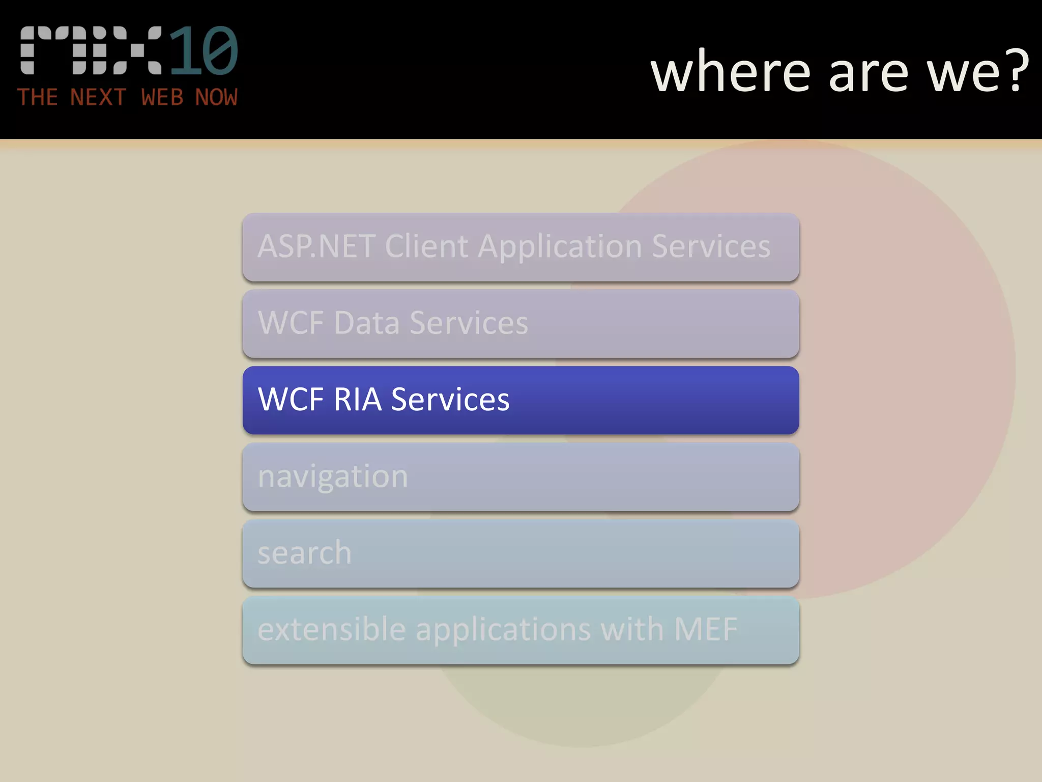 where are we?

ASP.NET Client Application Services

WCF Data Services

WCF RIA Services

navigation

search

extensible applications with MEF
 