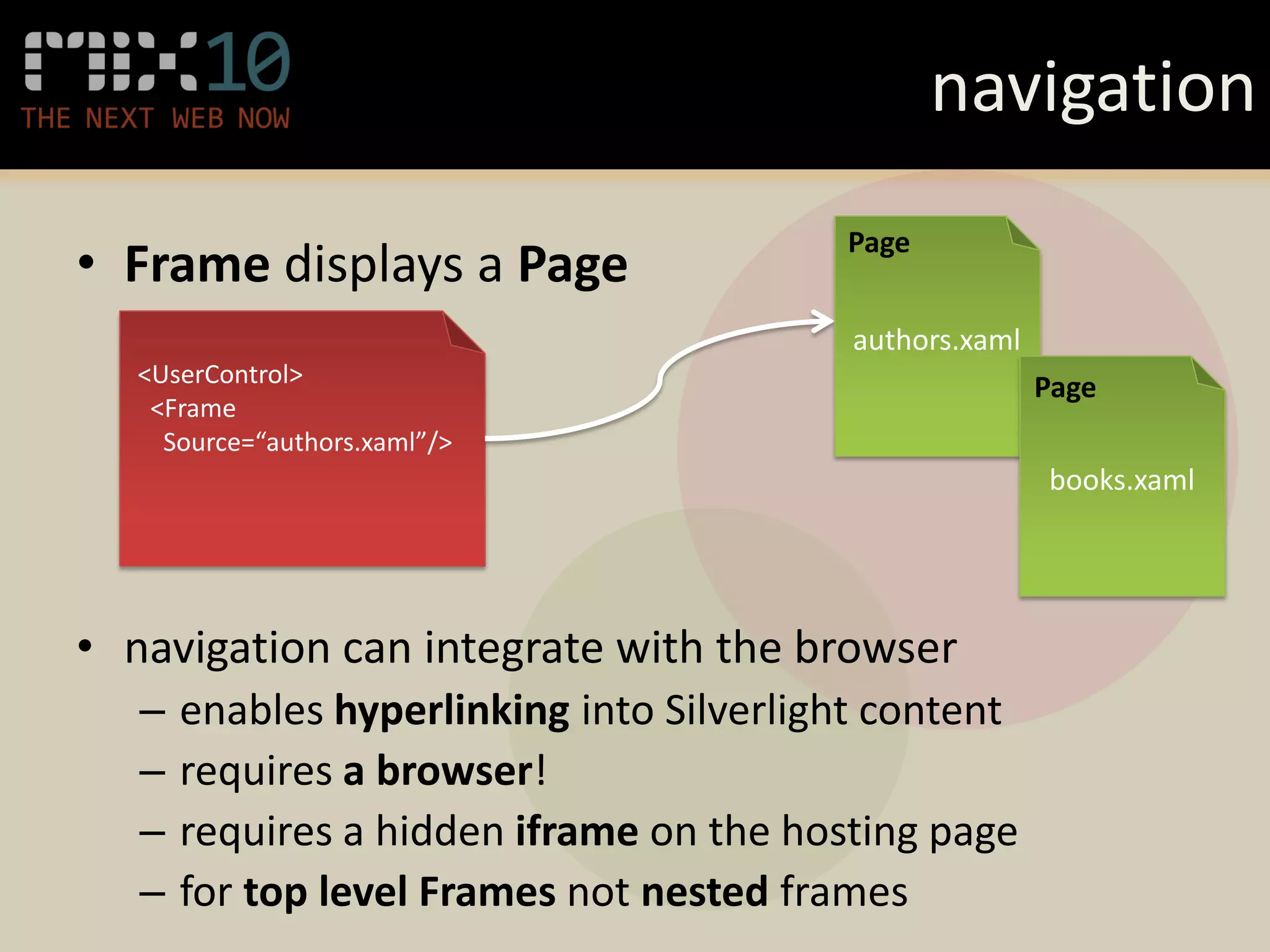 navigation
                                          Page
• Frame displays a Page
                                           authors.xaml
  <UserControl>                                           Page
   <Frame
    Source=“authors.xaml”/>
                                                          books.xaml




• navigation can integrate with the browser
   –   enables hyperlinking into Silverlight content
   –   requires a browser!
   –   requires a hidden iframe on the hosting page
   –   for top level Frames not nested frames
 