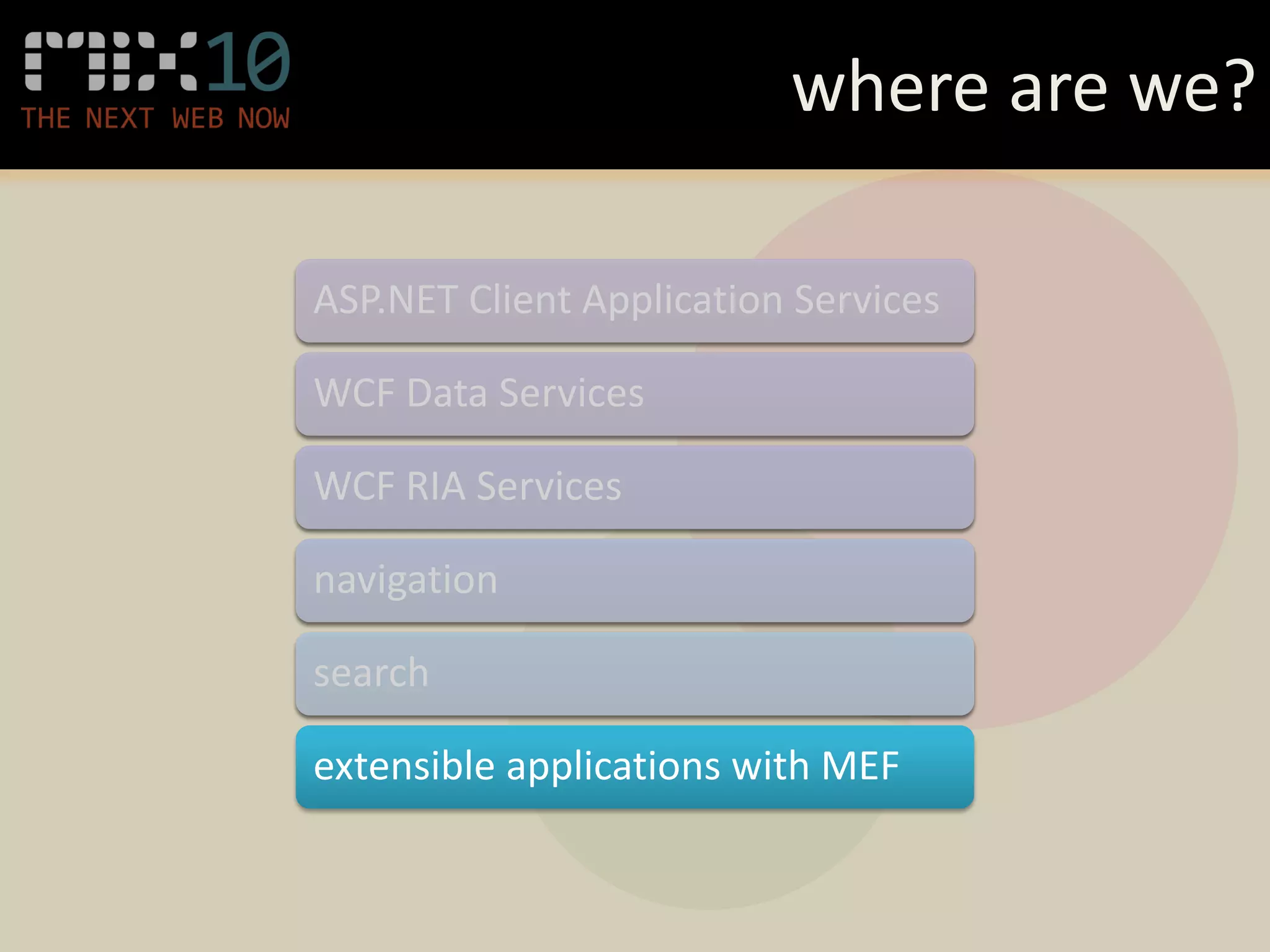 where are we?

ASP.NET Client Application Services

WCF Data Services

WCF RIA Services

navigation

search

extensible applications with MEF
 