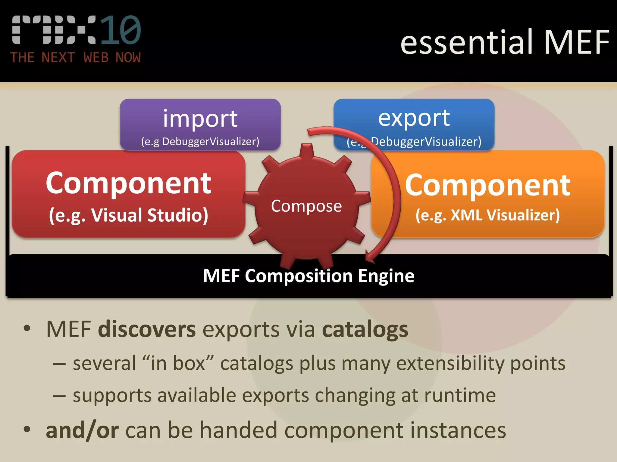 essential MEF



                          Compose




• MEF discovers exports via catalogs
  – several “in box” catalogs plus many extensibility points
  – supports available exports changing at runtime
• and/or can be handed component instances
 