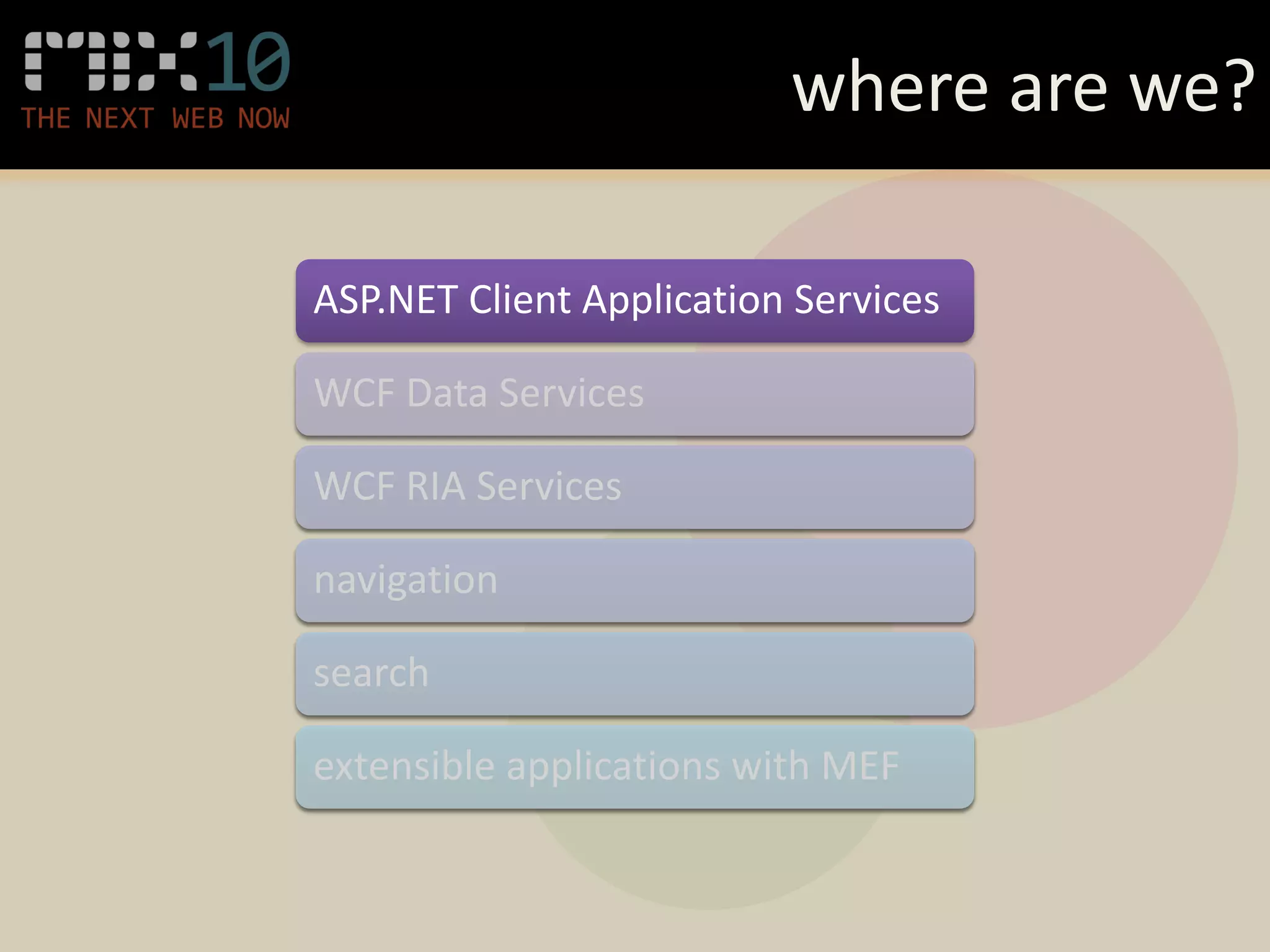where are we?

ASP.NET Client Application Services

WCF Data Services

WCF RIA Services

navigation

search

extensible applications with MEF
 