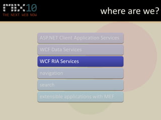 where are we?

ASP.NET Client Application Services

WCF Data Services

WCF RIA Services

navigation

search

extensible applications with MEF
 