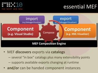 essential MEF



                          Compose




• MEF discovers exports via catalogs
  – several “in box” catalogs plus many extensibility points
  – supports available exports changing at runtime
• and/or can be handed component instances
 