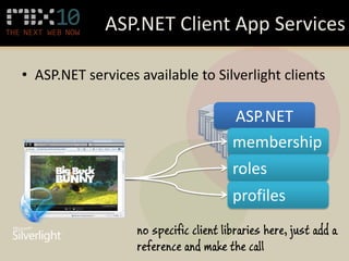 ASP.NET Client App Services

• ASP.NET services available to Silverlight clients

                                        ASP.NET
                                        membership
                                        roles
                                        profiles
                   no specific client libraries here, just add a
                   reference and make the call
 