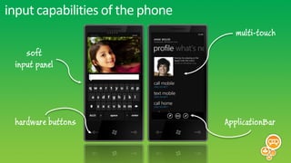 input capabilities of the phone
                                     multi-touch

    soft
 input panel




 hardware buttons                 ApplicationBar
 