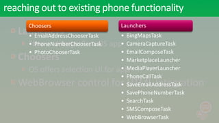reaching out to existing phone functionality
      Choosers                     Launchers
   Launchers
     • EmailAddressChooserTask    • BingMapsTask
      “fire and forget” an OS app• CameraCaptureTask
      • PhoneNumberChooserTask
      • PhotoChooserTask          • EmailComposeTask
   Choosers                       • MarketplaceLauncher
                                  • MediaPlayerLauncher
      OS offers selection UI for app
                                  • PhoneCallTask
   WebBrowser control for HTML integration
                                  • SaveEmailAddressTask
                                  • SavePhoneNumberTask
                                  • SearchTask
                                  • SMSComposeTask
                                  • WebBrowserTask
 