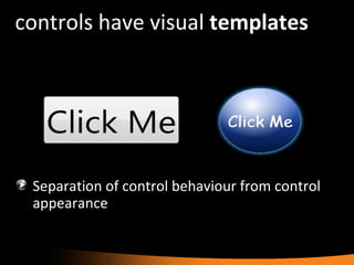controls have visual  templates Separation of control behaviour from control appearance 