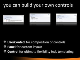 you can build your own controls UserControl  for composition of controls Panel  for custom layout Control  for ultimate flexibility incl. templating 