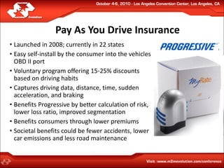 Pay As You Drive Insurance
• Launched in 2008; currently in 22 states
• Easy self-install by the consumer into the vehicles
  OBD II port
• Voluntary program offering 15-25% discounts
  based on driving habits
• Captures driving data, distance, time, sudden
  acceleration, and braking
• Benefits Progressive by better calculation of risk,
  lower loss ratio, improved segmentation
• Benefits consumers through lower premiums
• Societal benefits could be fewer accidents, lower
  car emissions and less road maintenance
 