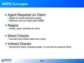 NRPE Concepts


  Agent Required on Client
  * plugin or script executes locally
  * daemon runs on client (port 5666)

  Nagios
  * check_nrpe connects to client


  Direct Checks
  * connect and collect data from client

  Indirect Checks
  * connect to client, execute plugin to connect to second client




                                    2012                            2
 