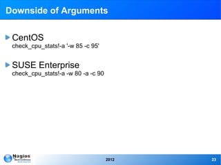 Downside of Arguments


 CentOS
 check_cpu_stats!-a '-w 85 -c 95'


 SUSE Enterprise
 check_cpu_stats!-a -w 80 -a -c 90




                                     2012   23
 