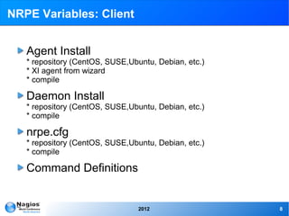 NRPE Variables: Client


   Agent Install
   * repository (CentOS, SUSE,Ubuntu, Debian, etc.)
   * XI agent from wizard
   * compile

   Daemon Install
   * repository (CentOS, SUSE,Ubuntu, Debian, etc.)
   * compile

   nrpe.cfg
   * repository (CentOS, SUSE,Ubuntu, Debian, etc.)
   * compile

   Command Definitions


                                 2012                 8
 
