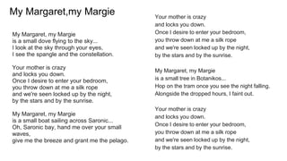 My Margaret,my Margie
My Margaret, my Margie
is a small dove flying to the sky...
I look at the sky through your eyes,
I see the spangle and the constellation.
Your mother is crazy
and locks you down.
Once I desire to enter your bedroom,
you throw down at me a silk rope
and we're seen locked up by the night,
by the stars and by the sunrise.
My Margaret, my Margie
is a small boat sailing across Saronic...
Oh, Saronic bay, hand me over your small
waves,
give me the breeze and grant me the pelago.
Your mother is crazy
and locks you down.
Once I desire to enter your bedroom,
you throw down at me a silk rope
and we're seen locked up by the night,
by the stars and by the sunrise.
My Margaret, my Margie
is a small tree in Botanikos...
Hop on the tram once you see the night falling.
Alongside the dropped hours, I faint out.
Your mother is crazy
and locks you down.
Once I desire to enter your bedroom,
you throw down at me a silk rope
and we're seen locked up by the night,
by the stars and by the sunrise.
 