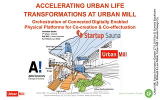 ACCELERATING URBAN LIFE
TRANSFORMATIONS AT URBAN MILL
Orchestration of Connected Digitally Enabled
Physical Platforms for Co-creation & Co-effectuation
UrbanMill,EspooInnovationGarden27.5.2016forDSummitStockholm
KariMikkelä&LarsMiikki,UrbanMill/JärvelinDesignOy
Urban Mill - Co-working and Co-creation Platform Prototype for Urban Innovations
Betonimiehenkuja 3E, 02150 Espoo, Finland www.urbanmill.org
 