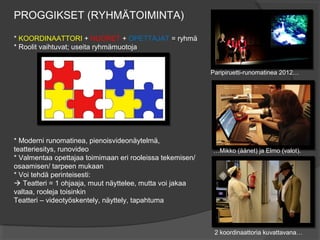 PROGGIKSET (RYHMÄTOIMINTA)

* KOORDINAATTORI + NUORET + OPETTAJAT = ryhmä
* Roolit vaihtuvat; useita ryhmämuotoja


                                                           Paripiruetti-runomatinea 2012…




* Moderni runomatinea, pienoisvideonäytelmä,
teatteriesitys, runovideo                                  …Mikko (äänet) ja Elmo (valot).
* Valmentaa opettajaa toimimaan eri rooleissa tekemisen/
osaamisen/ tarpeen mukaan
* Voi tehdä perinteisesti:
 Teatteri = 1 ohjaaja, muut näyttelee, mutta voi jakaa
valtaa, rooleja toisinkin
Teatteri – videotyöskentely, näyttely, tapahtuma



                                                            2 koordinaattoria kuvattavana…
 